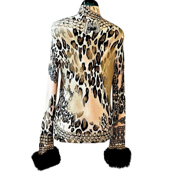 Boston Proper Leopard Mock Neck Top Faux Fur Cuffs Sweater Women’s M | Fall - Picture 2 of 6